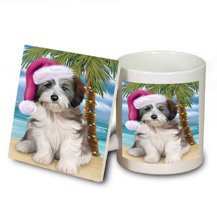 Summertime Happy Holidays Christmas Tibetan Terrier Dog on Tropical Island Beach Mug and Coaster Set MUC54451