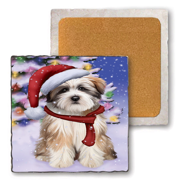 Winterland Wonderland Tibetan Terrier Dog In Christmas Holiday Scenic Background  Set of 4 Natural Stone Marble Tile Coasters MCST48427
