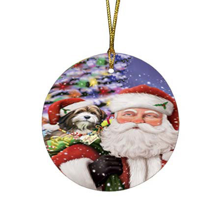 Santa Carrying Tibetan Terrier Dog and Christmas Presents Round Flat Christmas Ornament RFPOR55900