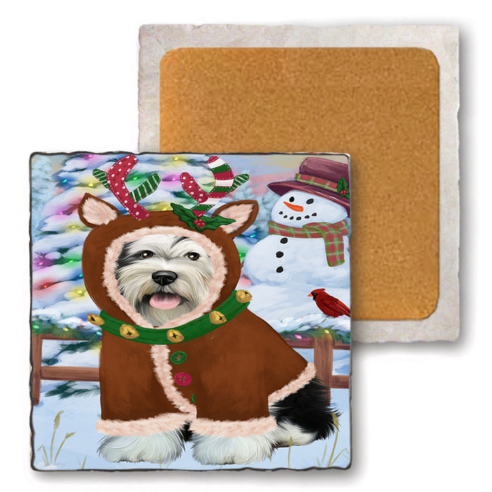 Christmas Gingerbread House Candyfest Tibetan Terrier Dog Set of 4 Natural Stone Marble Tile Coasters MCST51573