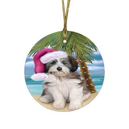 Summertime Happy Holidays Christmas Tibetan Terrier Dog on Tropical Island Beach Round Flat Christmas Ornament RFPOR54578