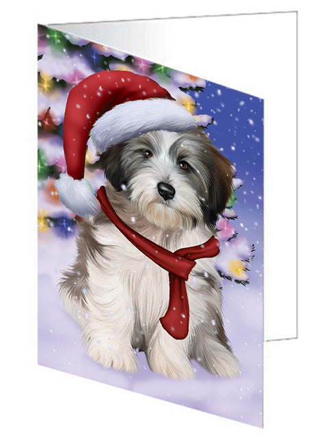 Winterland Wonderland Tibetan Terrier Dog In Christmas Holiday Scenic Background  Handmade Artwork Assorted Pets Greeting Cards and Note Cards with Envelopes for All Occasions and Holiday Seasons GCD64313