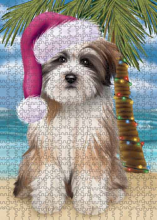 Summertime Happy Holidays Christmas Tibetan Terrier Dog on Tropical Island Beach Puzzle with Photo Tin PUZL85508