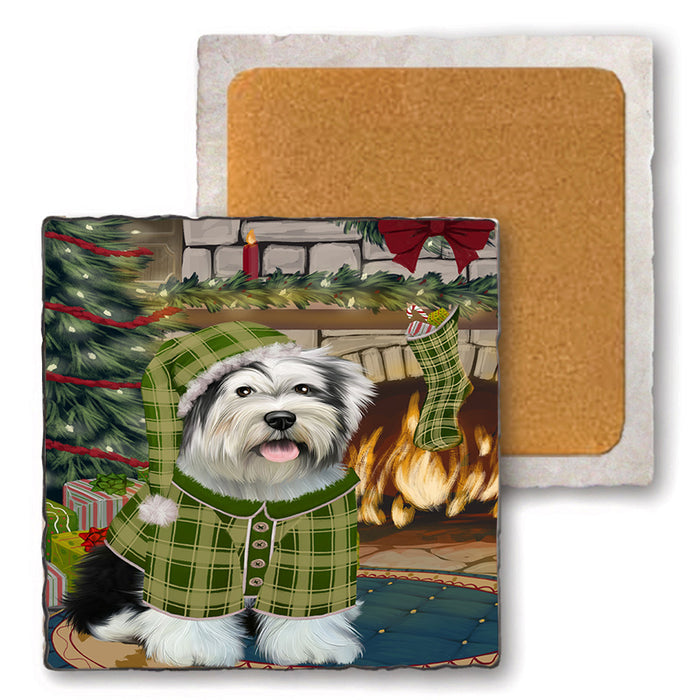 The Stocking was Hung Tibetan Terrier Dog Set of 4 Natural Stone Marble Tile Coasters MCST50636