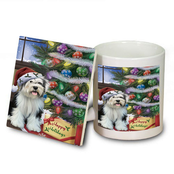 Christmas Happy Holidays Tibetan Terrier Dog with Tree and Presents Mug and Coaster Set MUC53859