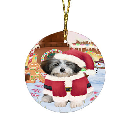 Christmas Gingerbread House Candyfest Tibetan Terrier Dog Round Flat Christmas Ornament RFPOR56930
