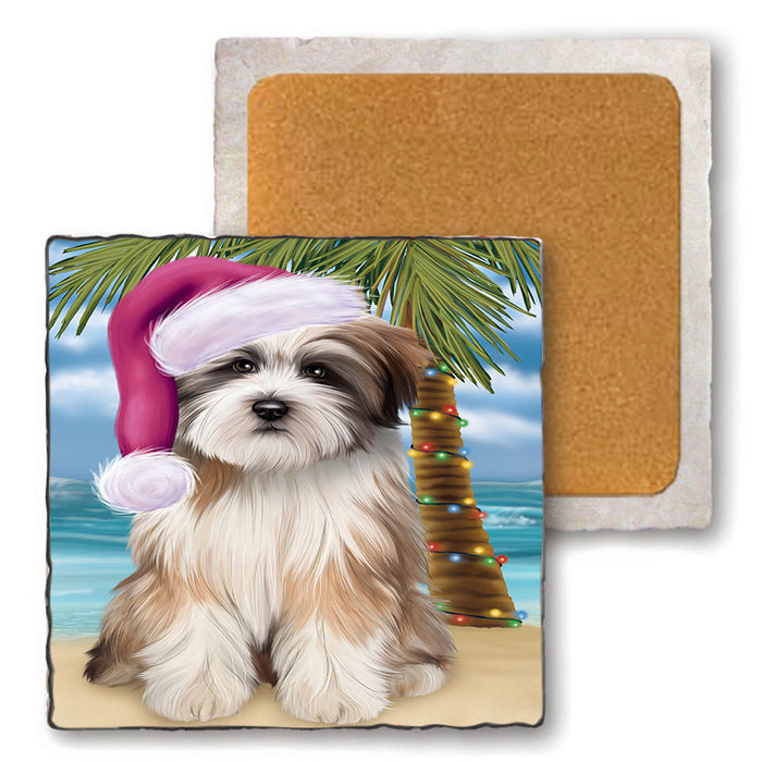 Summertime Happy Holidays Christmas Tibetan Terrier Dog on Tropical Island Beach Set of 4 Natural Stone Marble Tile Coasters MCST49460