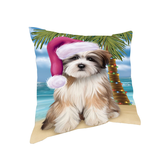 Summertime Happy Holidays Christmas Tibetan Terrier Dog on Tropical Island Beach Pillow PIL74976