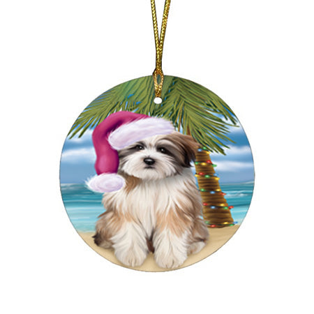 Summertime Happy Holidays Christmas Tibetan Terrier Dog on Tropical Island Beach Round Flat Christmas Ornament RFPOR54579