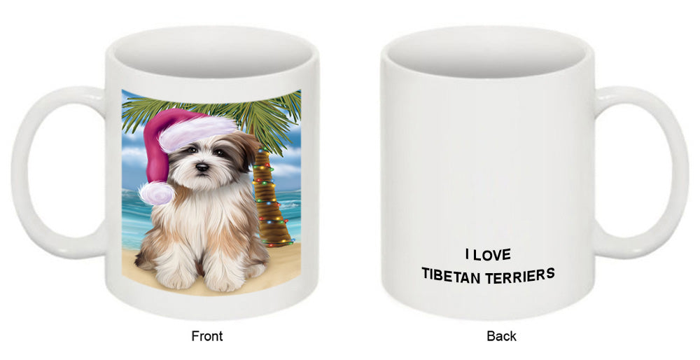 Summertime Happy Holidays Christmas Tibetan Terrier Dog on Tropical Island Beach Coffee Mug MUG49858