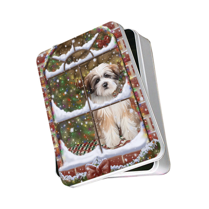 Please Come Home For Christmas Tibetan Terrier Dog Sitting In Window Photo Storage Tin PITN53895