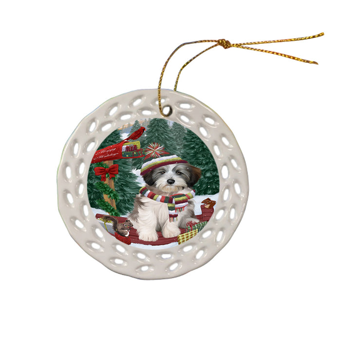 Merry Christmas Woodland Sled Tibetan Terrier Dog Ceramic Doily Ornament DPOR55411