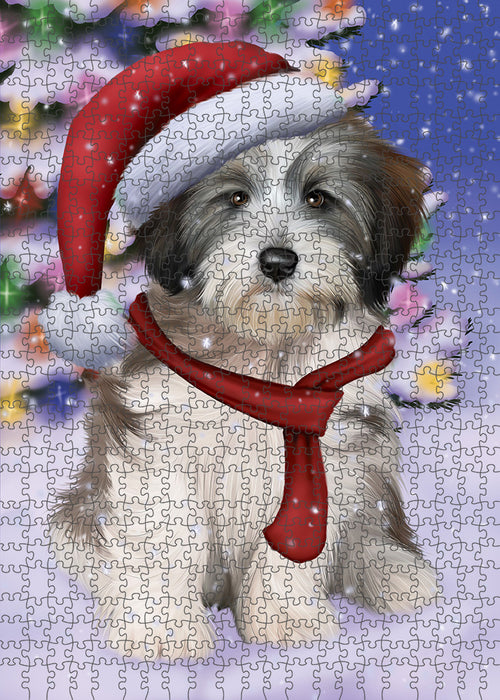 Winterland Wonderland Tibetan Terrier Dog In Christmas Holiday Scenic Background Puzzle with Photo Tin PUZL80868