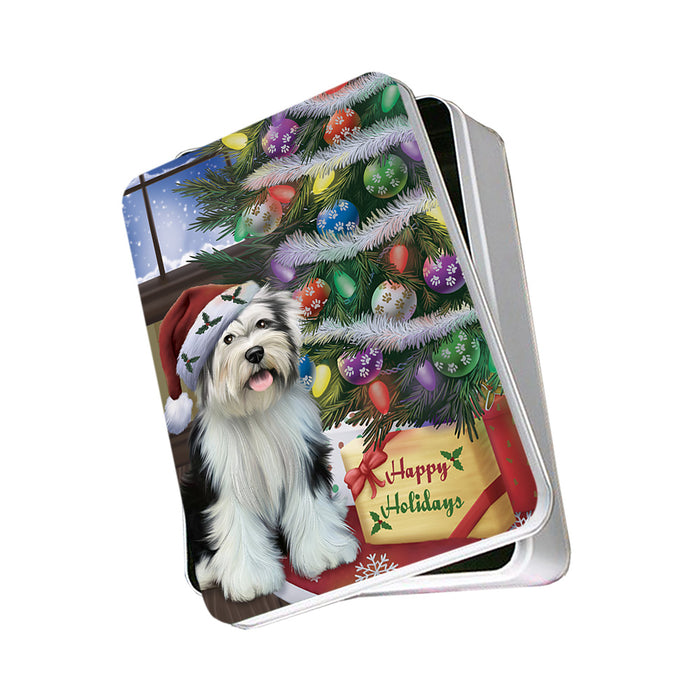 Christmas Happy Holidays Tibetan Terrier Dog with Tree and Presents Photo Storage Tin PITN53810