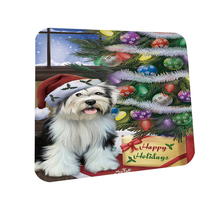 Christmas Happy Holidays Tibetan Terrier Dog with Tree and Presents Coasters Set of 4 CST53825