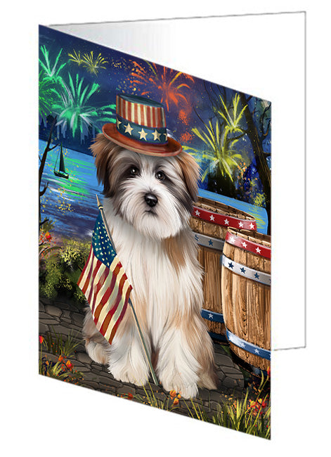 4th of July Independence Day Fireworks Tibetan Terrier Dog at the Lake Handmade Artwork Assorted Pets Greeting Cards and Note Cards with Envelopes for All Occasions and Holiday Seasons GCD57734