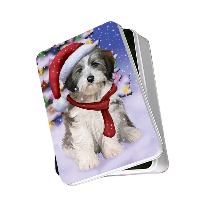 Winterland Wonderland Tibetan Terrier Dog In Christmas Holiday Scenic Background Photo Storage Tin PITN53428