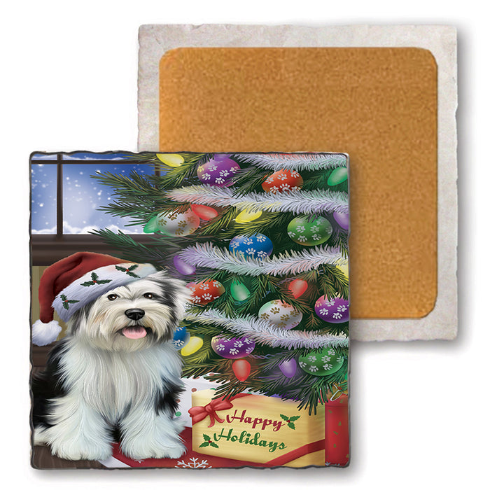 Christmas Happy Holidays Tibetan Terrier Dog with Tree and Presents Set of 4 Natural Stone Marble Tile Coasters MCST48867