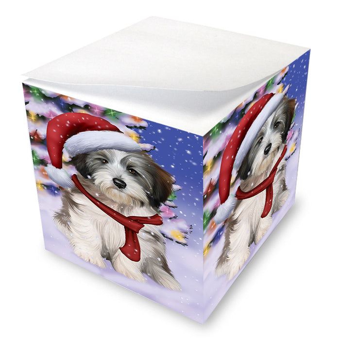 Winterland Wonderland Tibetan Terrier Dog In Christmas Holiday Scenic Background Note Cube NOC53428