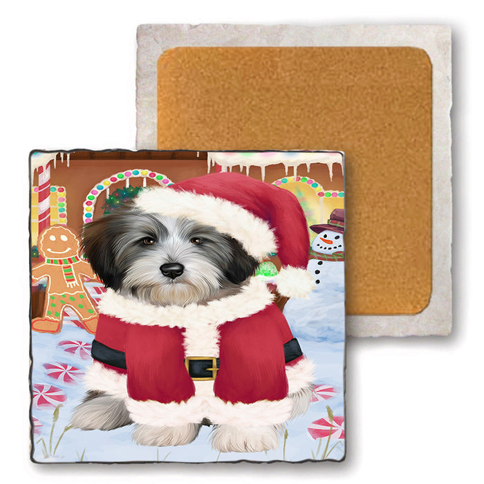 Christmas Gingerbread House Candyfest Tibetan Terrier Dog Set of 4 Natural Stone Marble Tile Coasters MCST51574