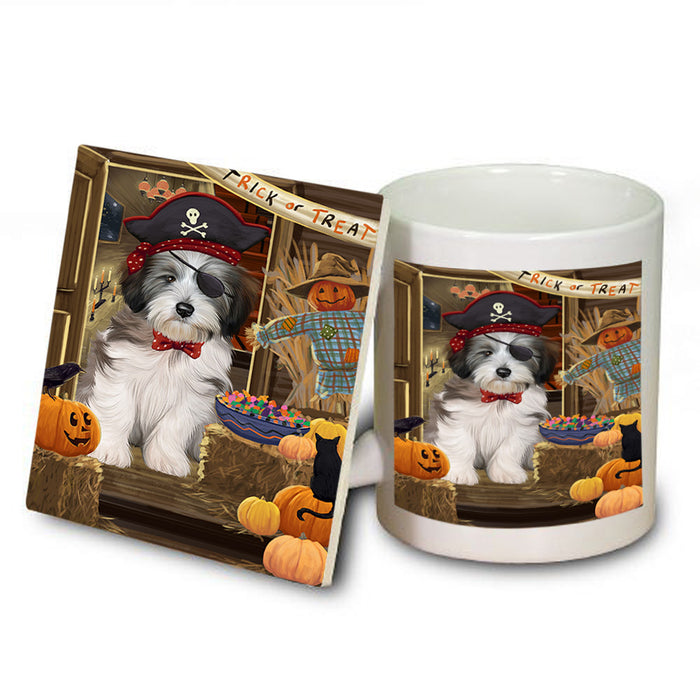 Enter at Own Risk Trick or Treat Halloween Tibetan Terrier Dog Mug and Coaster Set MUC53303