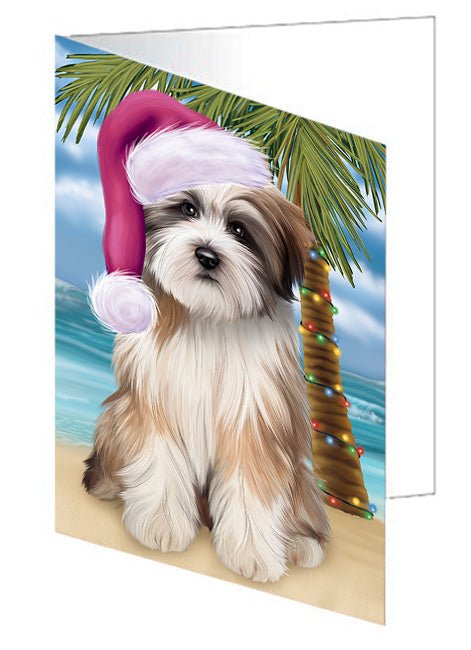 Summertime Happy Holidays Christmas Tibetan Terrier Dog on Tropical Island Beach Handmade Artwork Assorted Pets Greeting Cards and Note Cards with Envelopes for All Occasions and Holiday Seasons GCD67793
