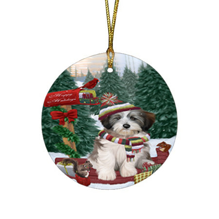 Merry Christmas Woodland Sled Tibetan Terrier Dog Round Flat Christmas Ornament RFPOR55411