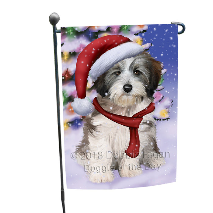 Winterland Wonderland Tibetan Terrier Dog In Christmas Holiday Scenic Background  Garden Flag GFLG53490