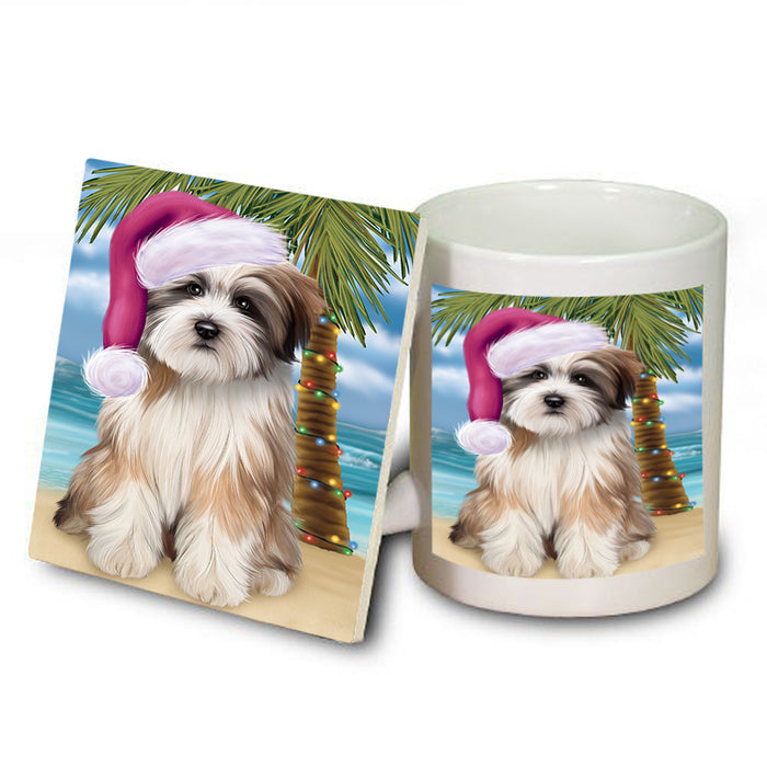 Summertime Happy Holidays Christmas Tibetan Terrier Dog on Tropical Island Beach Mug and Coaster Set MUC54452