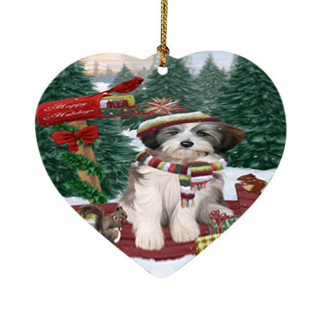 Merry Christmas Woodland Sled Tibetan Terrier Dog Heart Christmas Ornament HPOR55411