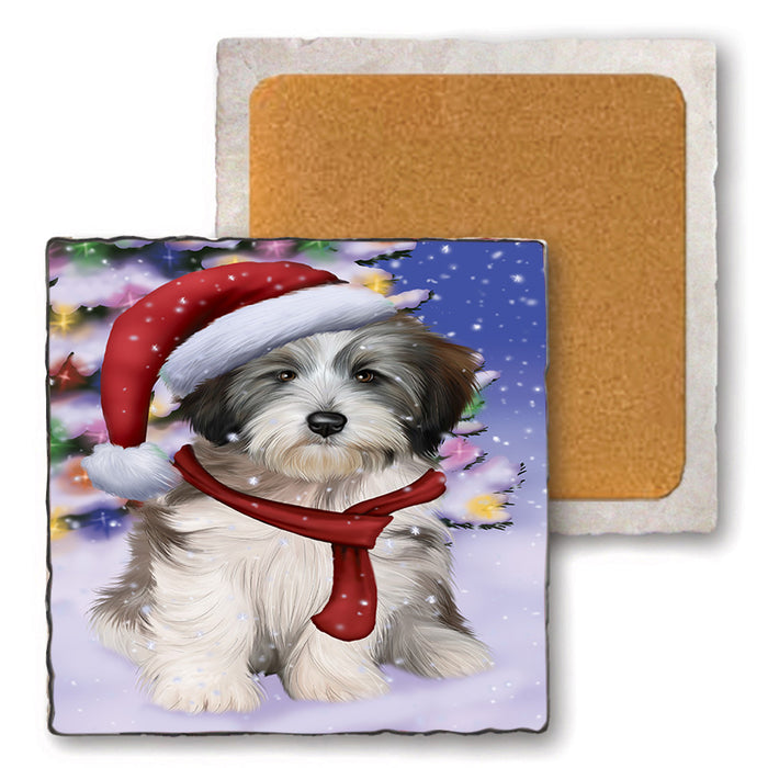 Winterland Wonderland Tibetan Terrier Dog In Christmas Holiday Scenic Background  Set of 4 Natural Stone Marble Tile Coasters MCST48428