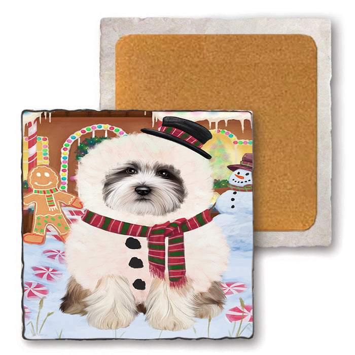 Christmas Gingerbread House Candyfest Tibetan Terrier Dog Set of 4 Natural Stone Marble Tile Coasters MCST51575