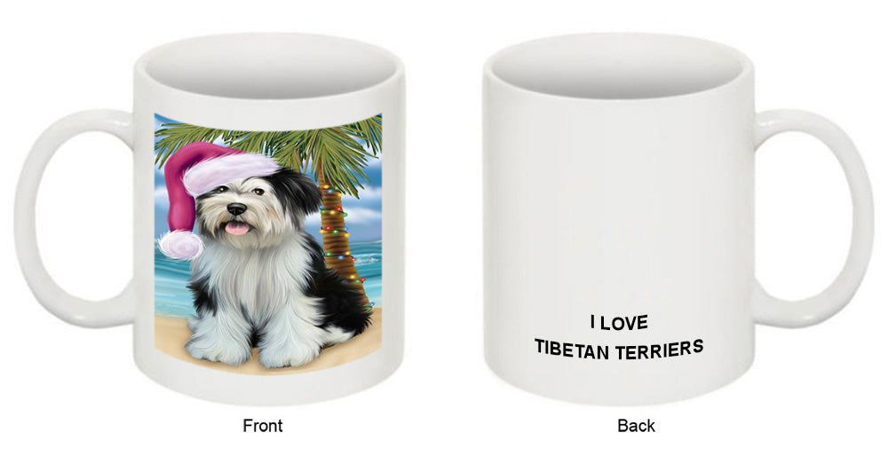 Summertime Happy Holidays Christmas Tibetan Terrier Dog on Tropical Island Beach Coffee Mug MUG49859