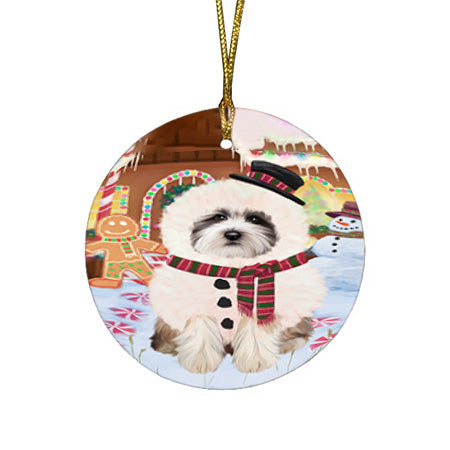 Christmas Gingerbread House Candyfest Tibetan Terrier Dog Round Flat Christmas Ornament RFPOR56931