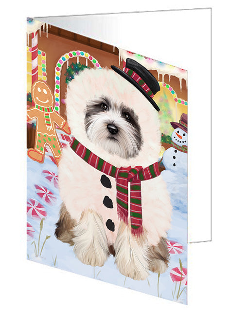 Christmas Gingerbread House Candyfest Tibetan Terrier Dog Handmade Artwork Assorted Pets Greeting Cards and Note Cards with Envelopes for All Occasions and Holiday Seasons GCD74240