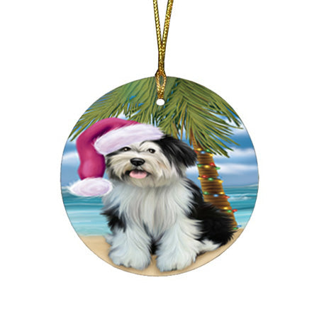 Summertime Happy Holidays Christmas Tibetan Terrier Dog on Tropical Island Beach Round Flat Christmas Ornament RFPOR54580