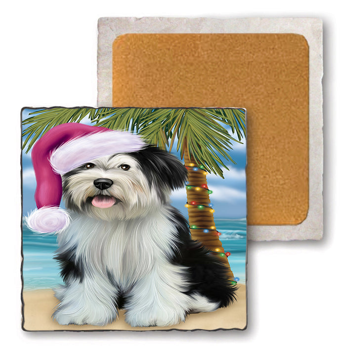 Summertime Happy Holidays Christmas Tibetan Terrier Dog on Tropical Island Beach Set of 4 Natural Stone Marble Tile Coasters MCST49461
