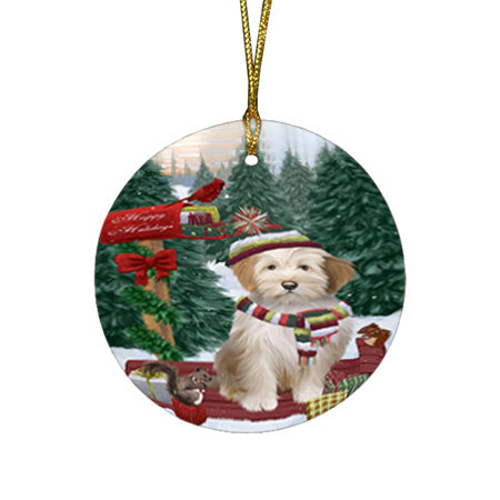 Merry Christmas Woodland Sled Tibetan Terrier Dog Round Flat Christmas Ornament RFPOR55412