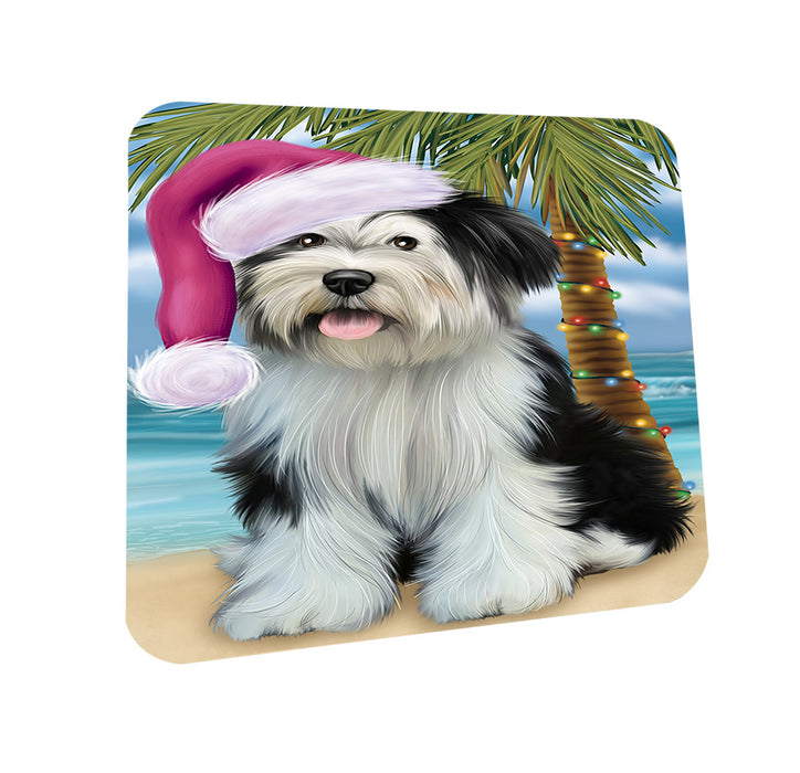 Summertime Happy Holidays Christmas Tibetan Terrier Dog on Tropical Island Beach Coasters Set of 4 CST54419