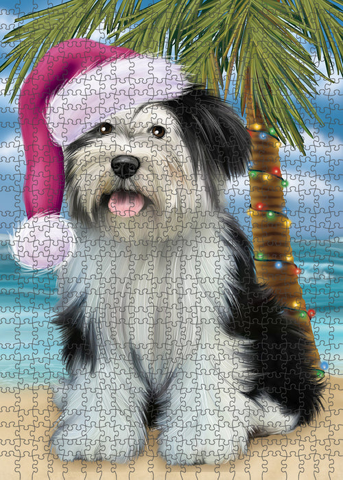 Summertime Happy Holidays Christmas Tibetan Terrier Dog on Tropical Island Beach Puzzle with Photo Tin PUZL85512