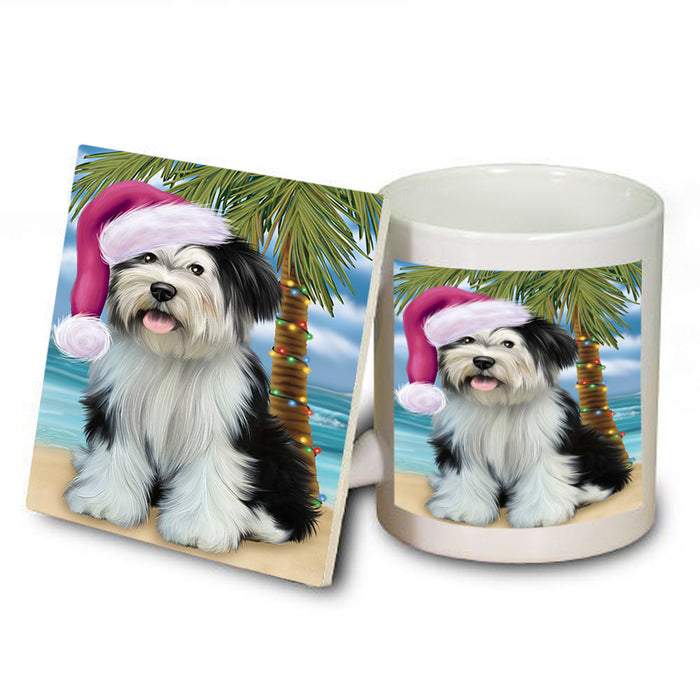 Summertime Happy Holidays Christmas Tibetan Terrier Dog on Tropical Island Beach Mug and Coaster Set MUC54453