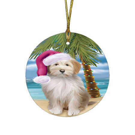Summertime Happy Holidays Christmas Tibetan Terrier Dog on Tropical Island Beach Round Flat Christmas Ornament RFPOR54581