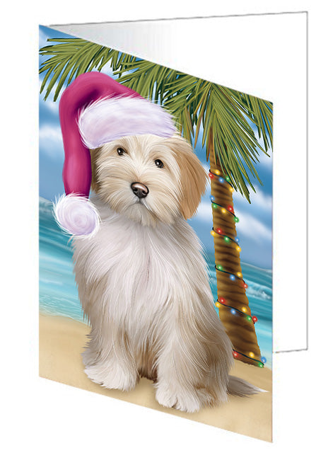 Summertime Happy Holidays Christmas Tibetan Terrier Dog on Tropical Island Beach Handmade Artwork Assorted Pets Greeting Cards and Note Cards with Envelopes for All Occasions and Holiday Seasons GCD67799