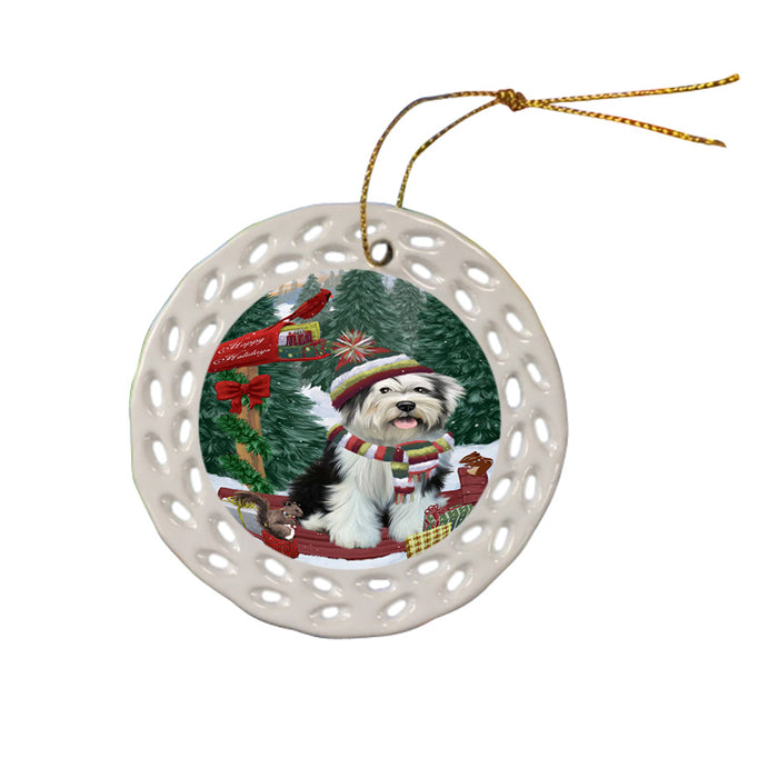 Merry Christmas Woodland Sled Tibetan Terrier Dog Ceramic Doily Ornament DPOR55413