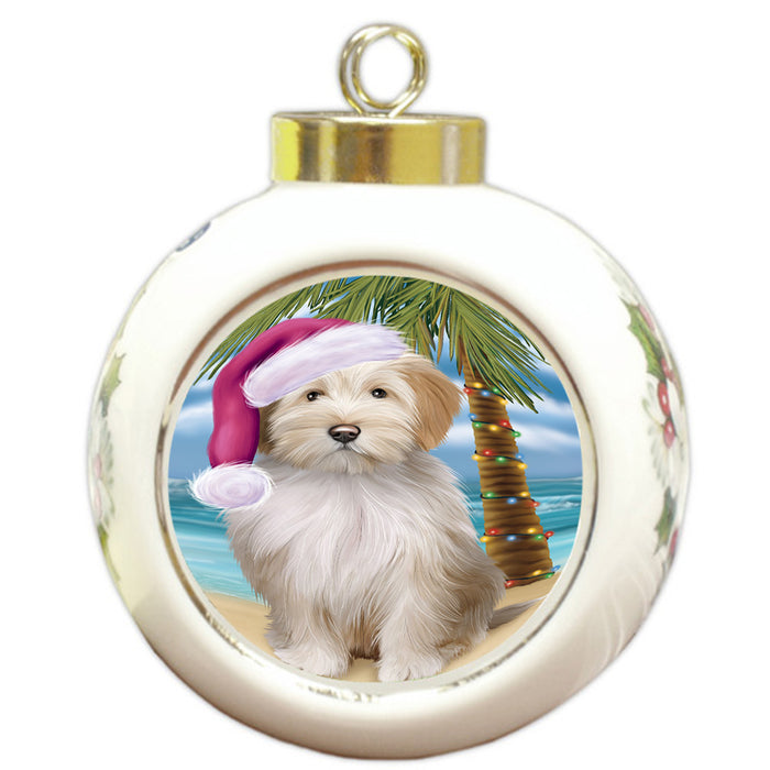 Summertime Happy Holidays Christmas Tibetan Terrier Dog on Tropical Island Beach Round Ball Christmas Ornament RBPOR54590