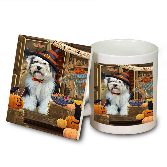 Enter at Own Risk Trick or Treat Halloween Tibetan Terrier Dog Mug and Coaster Set MUC53305