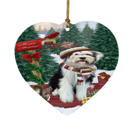 Merry Christmas Woodland Sled Tibetan Terrier Dog Heart Christmas Ornament HPOR55413