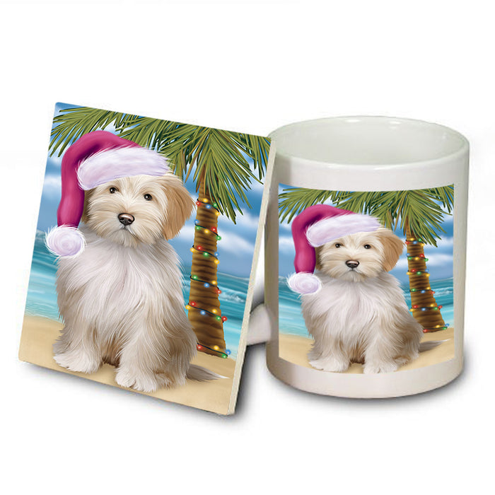 Summertime Happy Holidays Christmas Tibetan Terrier Dog on Tropical Island Beach Mug and Coaster Set MUC54454