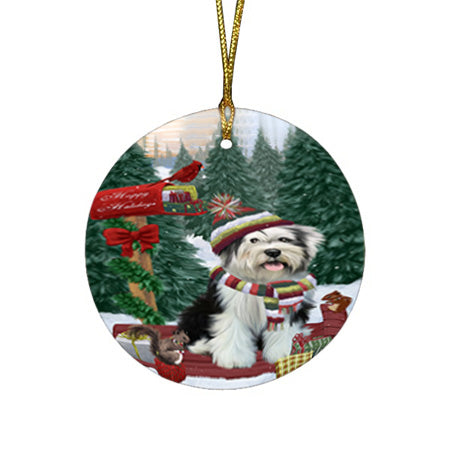 Merry Christmas Woodland Sled Tibetan Terrier Dog Round Flat Christmas Ornament RFPOR55413