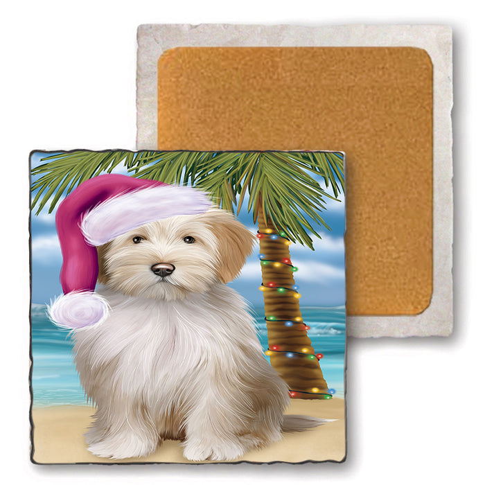 Summertime Happy Holidays Christmas Tibetan Terrier Dog on Tropical Island Beach Set of 4 Natural Stone Marble Tile Coasters MCST49462